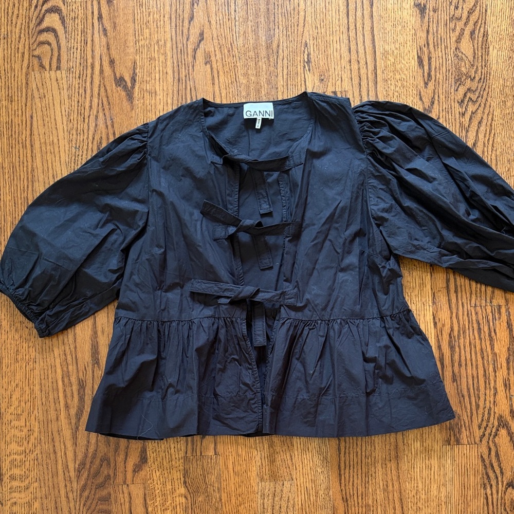 Ganni Black Tie-Front Puff Sleeve Blouse